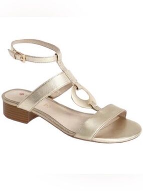Blondo “Pearl” Metallic Gold T-Strap Leather Sandals with Circular Accent US 8